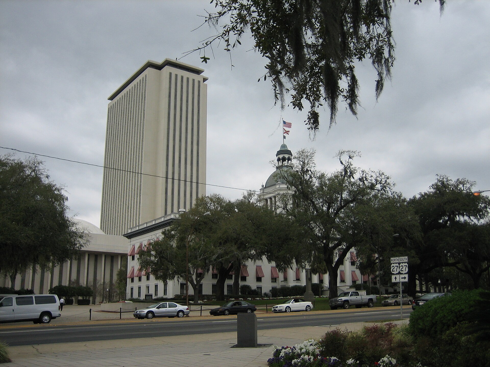 Florida's Historic Capitol in front of the modern State Capitol tower in Tallahassee