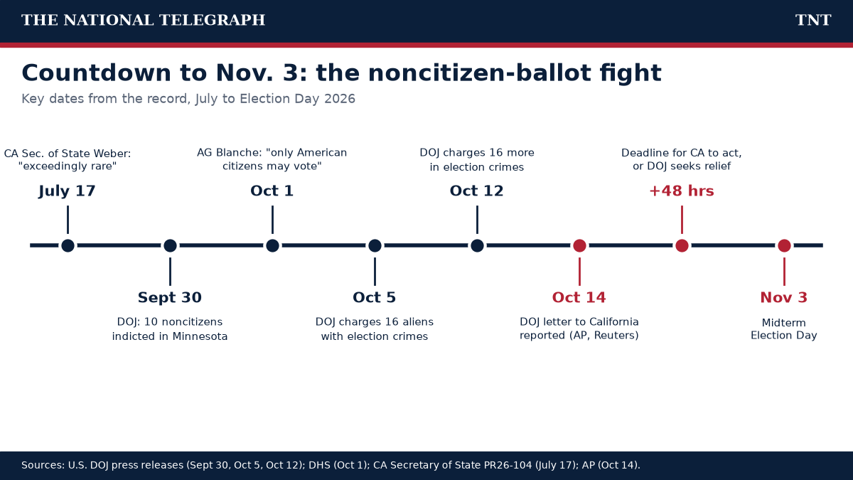 Timeline graphic from The National Telegraph: July 17, California Secretary of State Weber calls noncitizen voting exceedingly rare; Sept 30, DOJ indicts 10 noncitizens in Minnesota; Oct 1, Attorney General Blanche says only American citizens may vote; Oct 5, DOJ charges 16 aliens with election crimes; Oct 12, DOJ charges 16 more people; Oct 14, DOJ letter to California reported; 48 hours later, California's deadline to act; Nov 3, midterm Election Day.