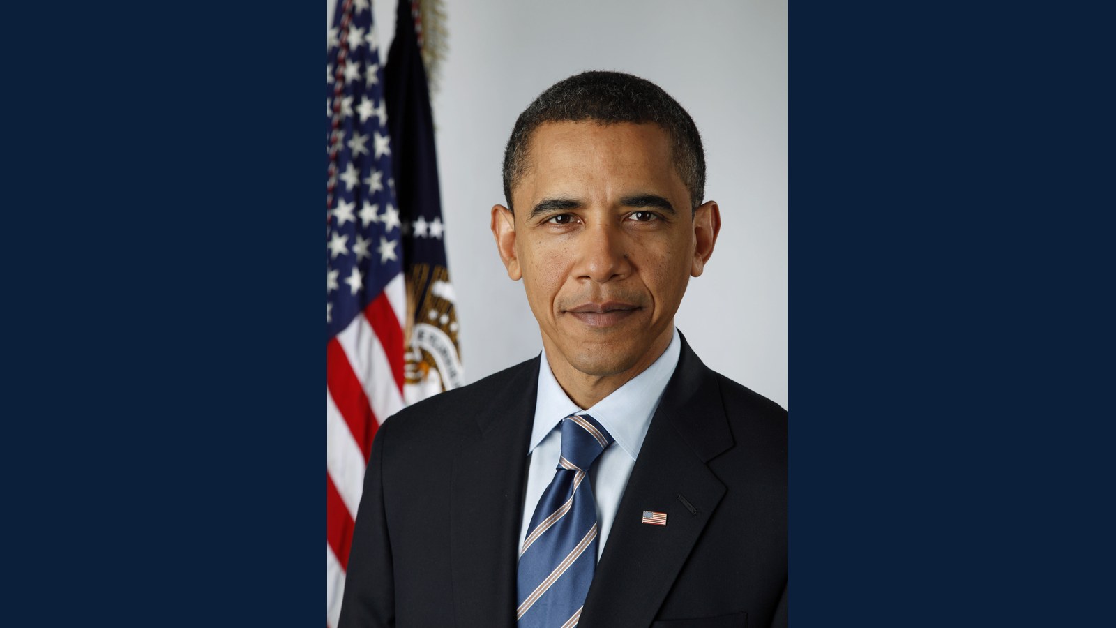 Official portrait of Barack Obama in a dark suit and blue striped tie, with an American flag behind him.