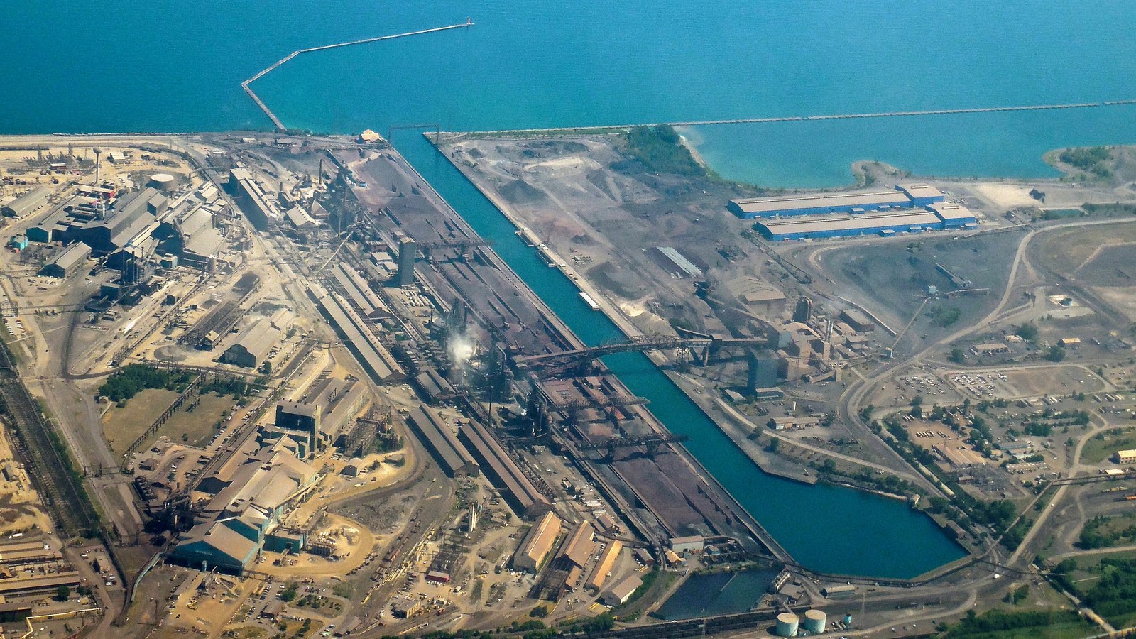 Aerial view of U.S. Steel's Gary Works steel mill on the Lake Michigan shore in Gary, Indiana