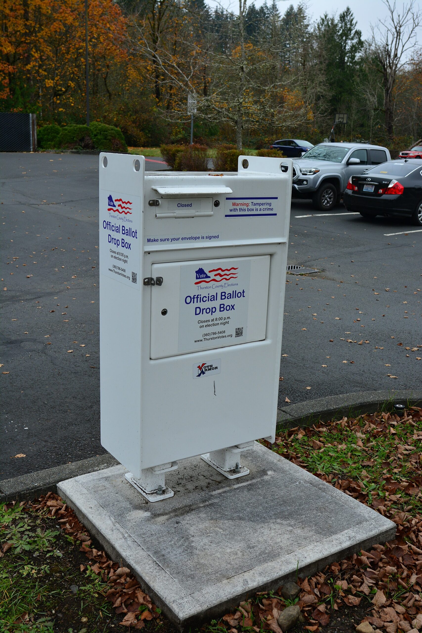 A Thurston County ballot drop box outside a fire station in Olympia, Washington